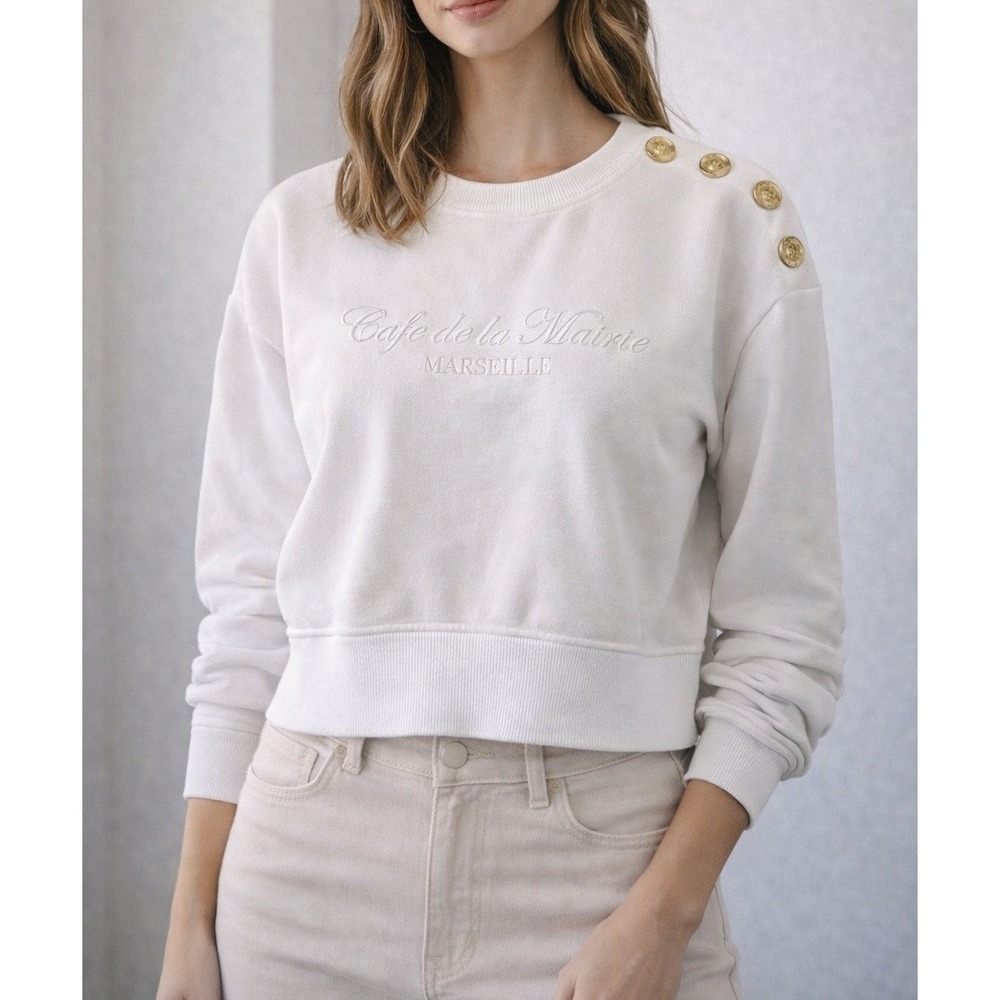 H&M Divided Womens White Cafe de‎ la Mairie Marseille Sweatshirt Gold Buttons S